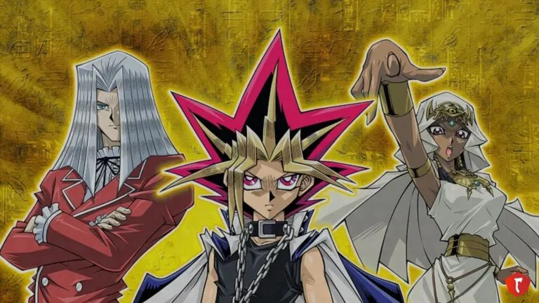 Yu-Gi-Oh! Characters posing in front of a gold background